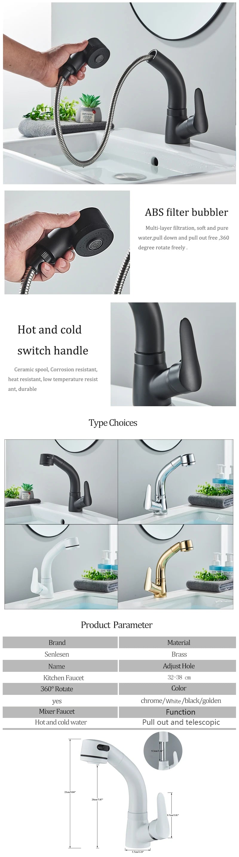 Bathroom Sink Faucet Pull Out Sprayer Deck Mounted
