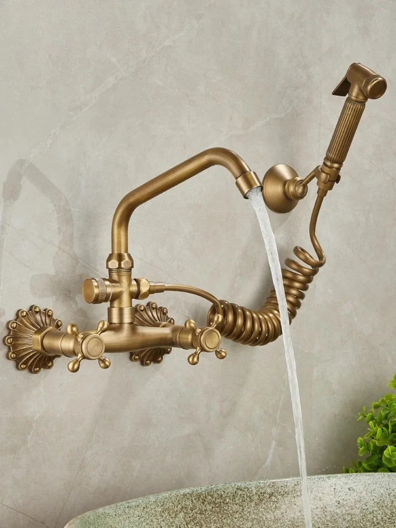 Brass Antique Wall Mounted Washbasin Faucets Double Handle