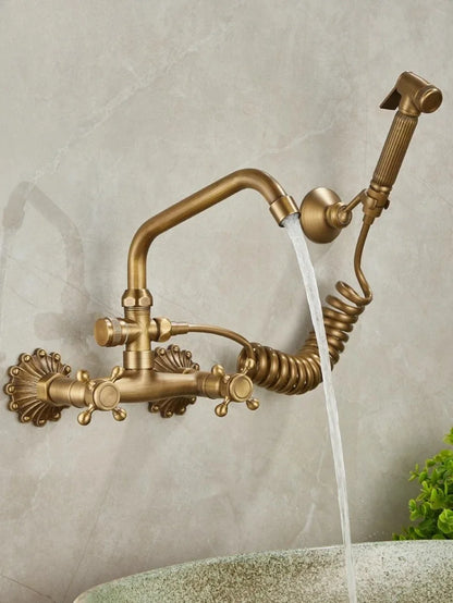 Brass Antique Wall Mounted Washbasin Faucets Double Handle
