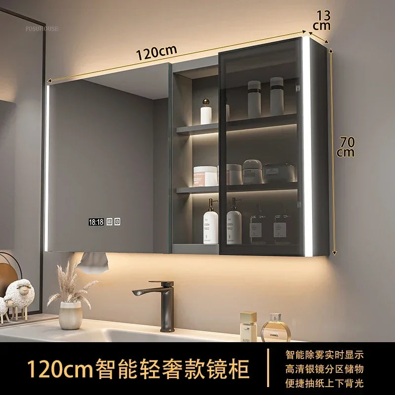 Modern Solid Wood Smart Bathroom Mirror Cabinet Light