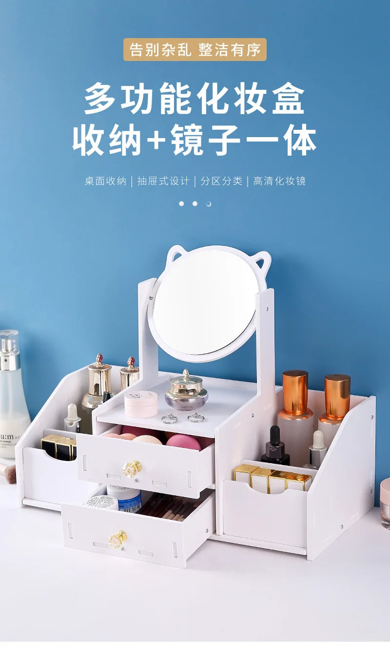 Desktop Drawer-Type Vanity Mirror Storage Box Round Makeup