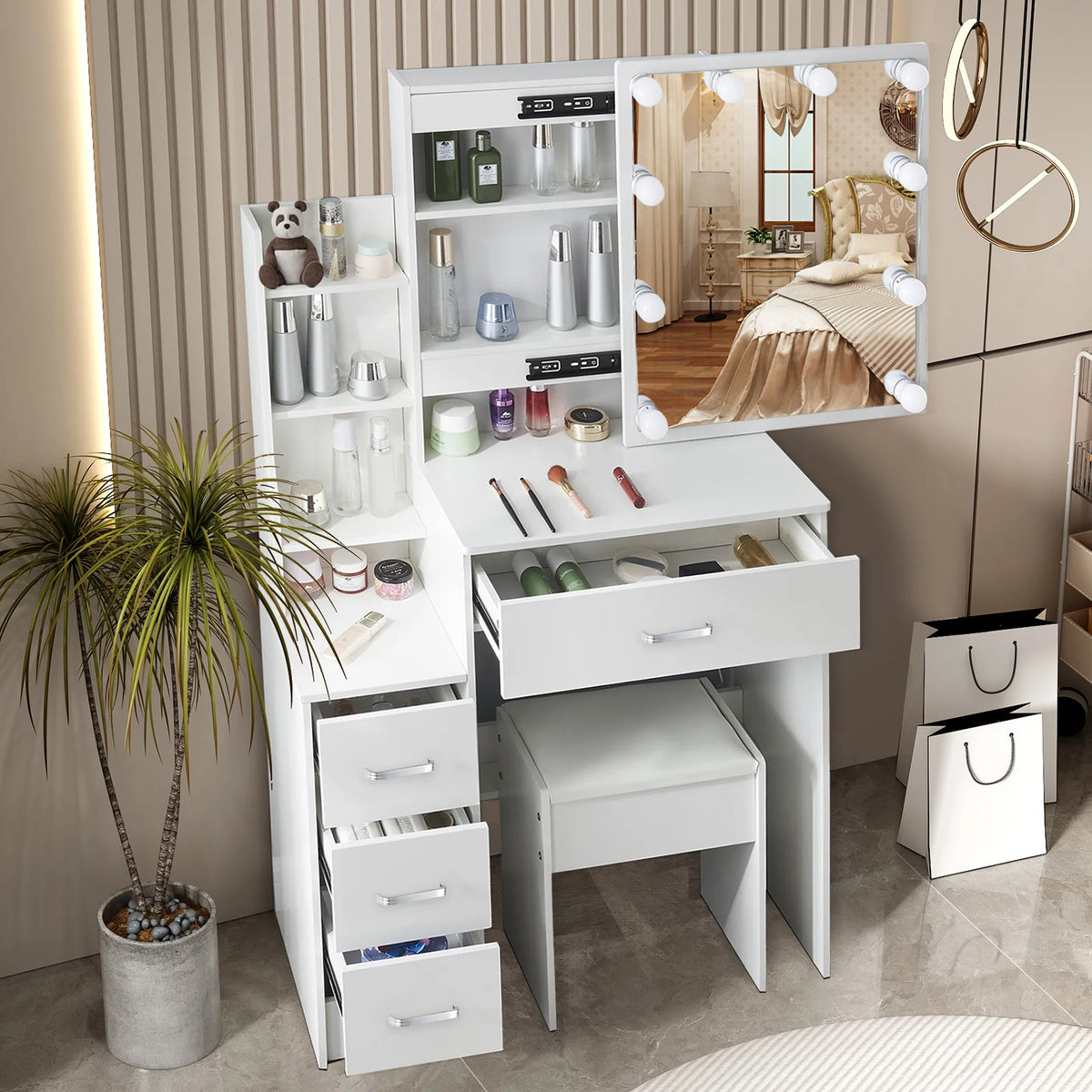 White Makeup Dressing Table W/ Lights Sliding Mirror