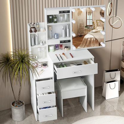 White Makeup Dressing Table W/ Lights Sliding Mirror