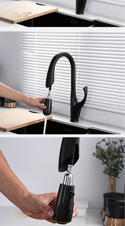 High-End Touch Black Faucet Brass Pull-Out Design Three-Function