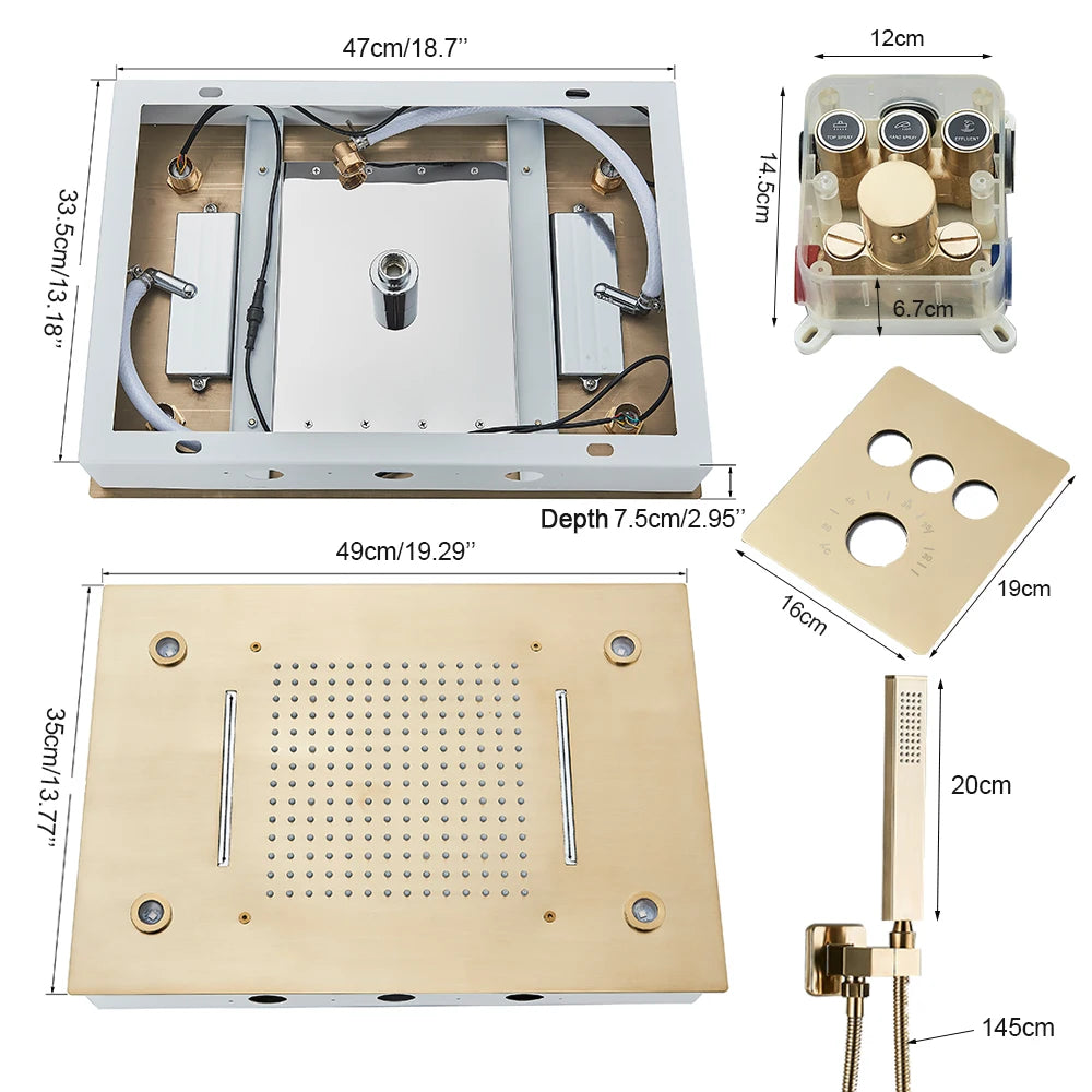 Black Thermostatic Bathroom Shower Faucet Remote Led Rainfall
