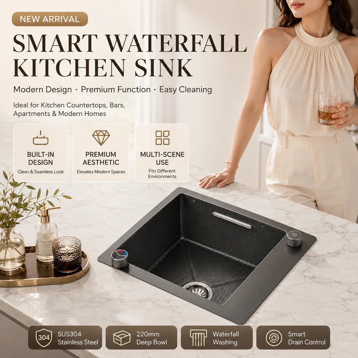 Modern Luxury Waterfall Sink Sus304 Stainless Steel Hidden