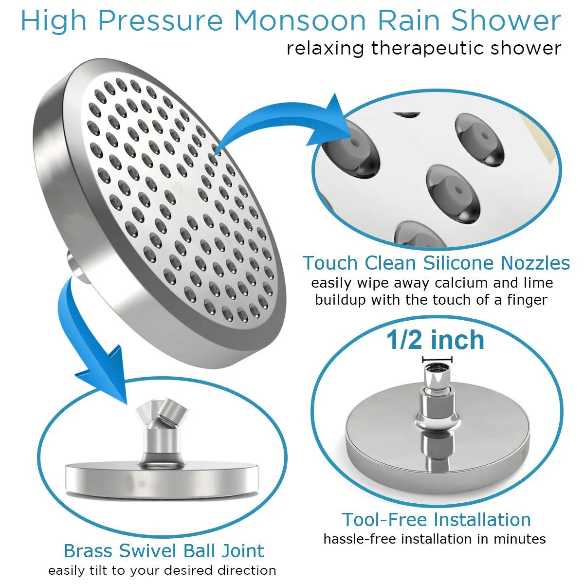 Inches High Pressure Rain Shower Head Arm 1min