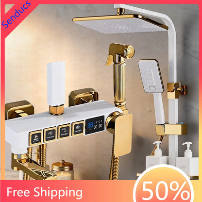 Luxury Thermostatic Bathroom Shower System White Gold Brass