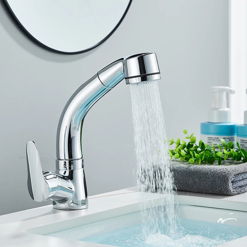 White Pull Out Bathroom Sink Faucet Cold Water