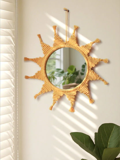 Handmade Yellow Sun Wall Mirror Boho Macrame Wall