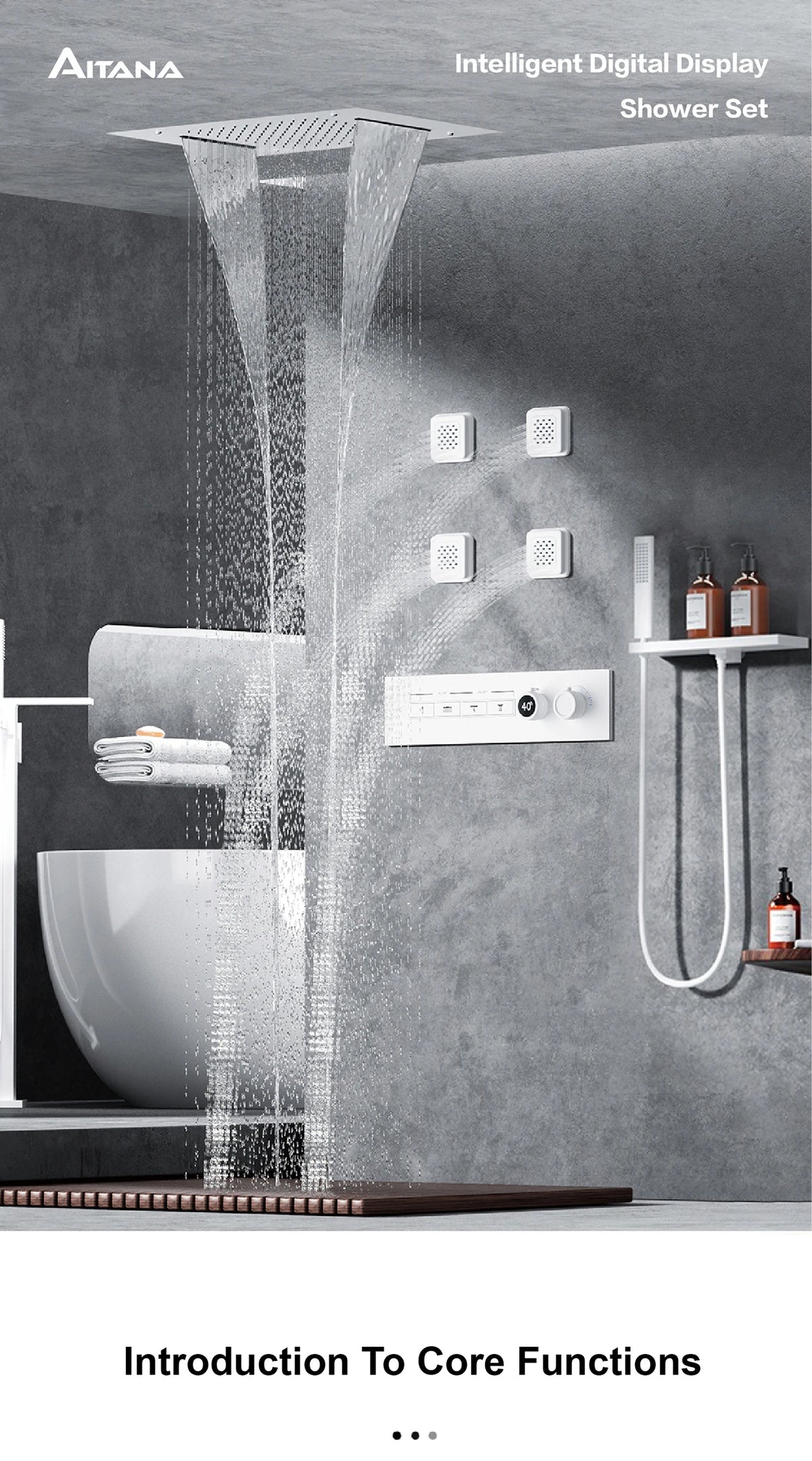 Luxury Gun Grey Brass Thermostatic Shower System Ceiling-Embedded