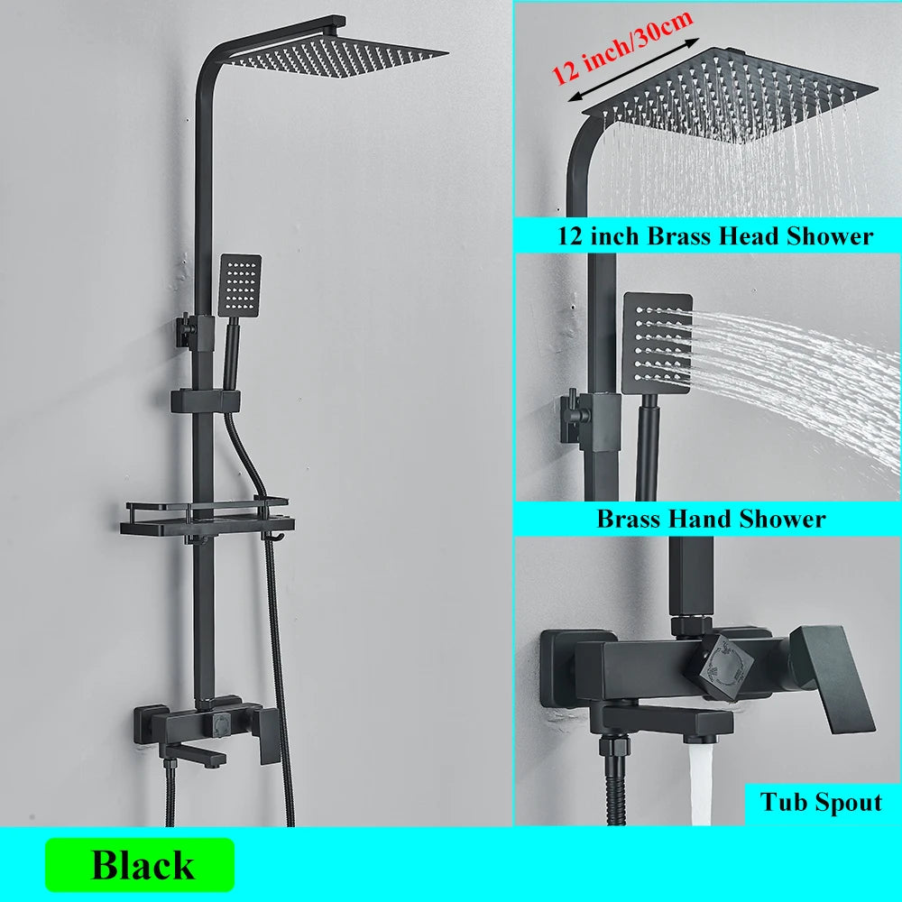 Black Brass Shower Faucet Sets Rainfall Bathtub Tap