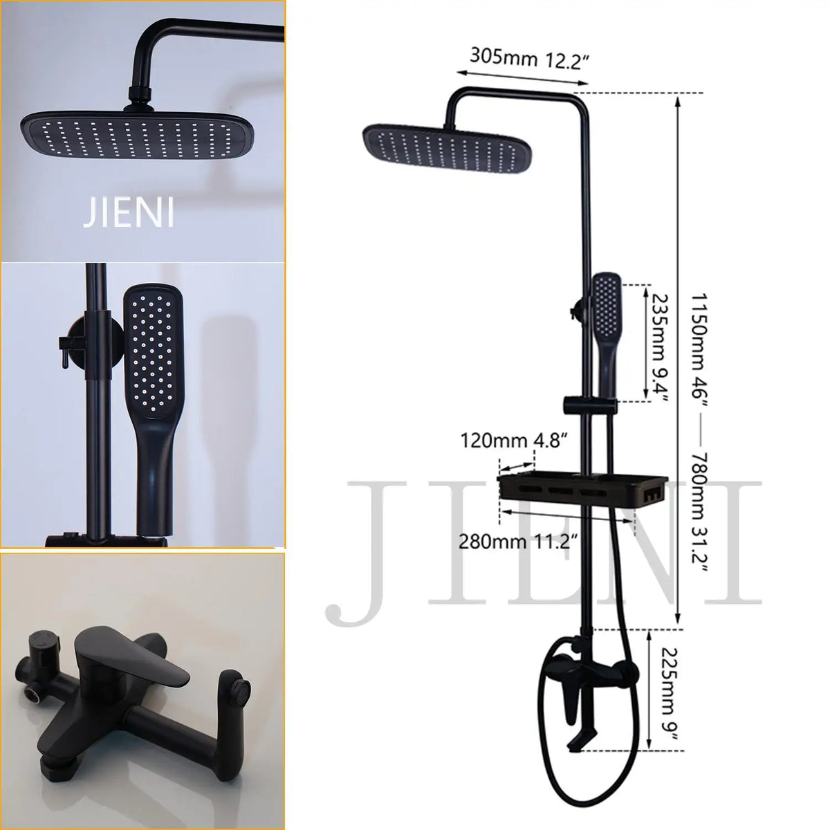 Jieni Matte Black Rainfall Shower Faucet Paint Black