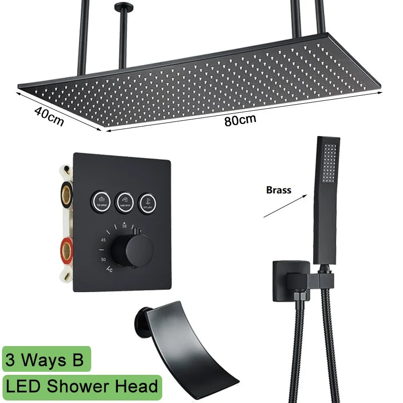 Shinesia Big Black Thermostatic Bathroom Shower Faucet Rainfall