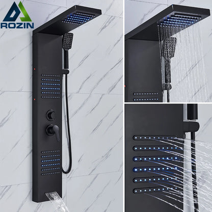 Rozin Black Shower Column Led Rainfall Bathroom Faucet