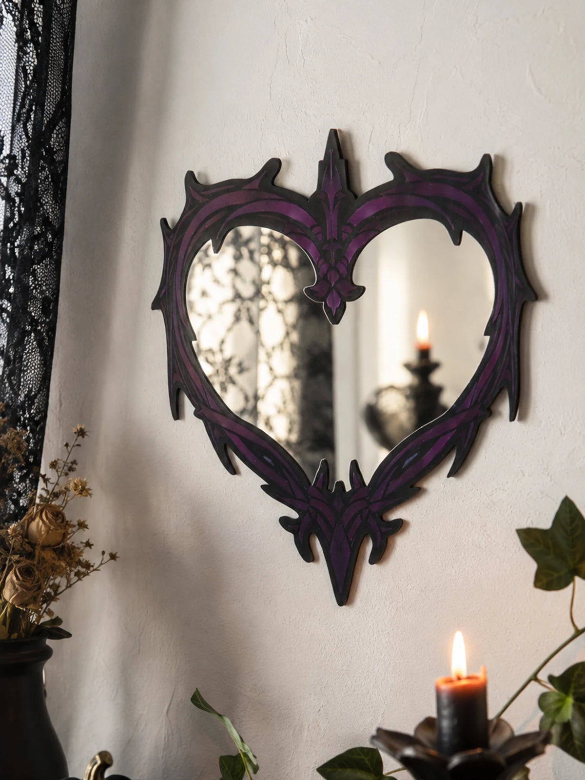 Purple Gothic Barbed Wire Heart Wall Mirror Witchy