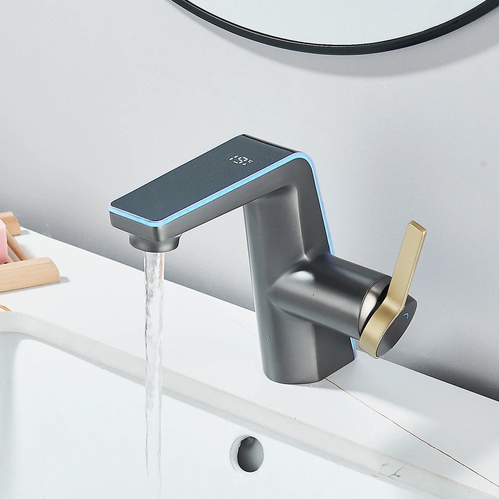 White Display Screen Bathroom Basin Sink Faucet 2-Ways
