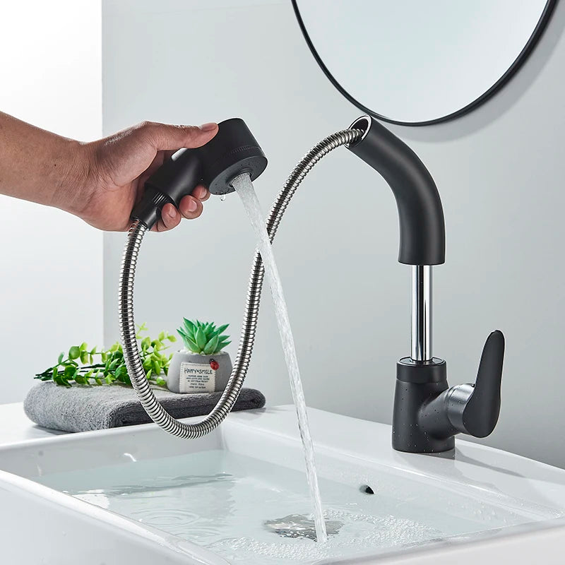 Bathroom Sink Faucet Pull Out Sprayer Deck Mounted