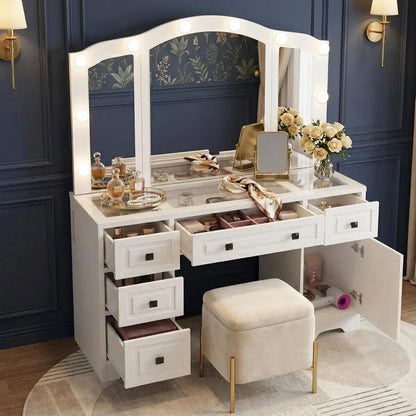 White Retro Lighted Vanity Desk Tri-Fold Mirror Drawers