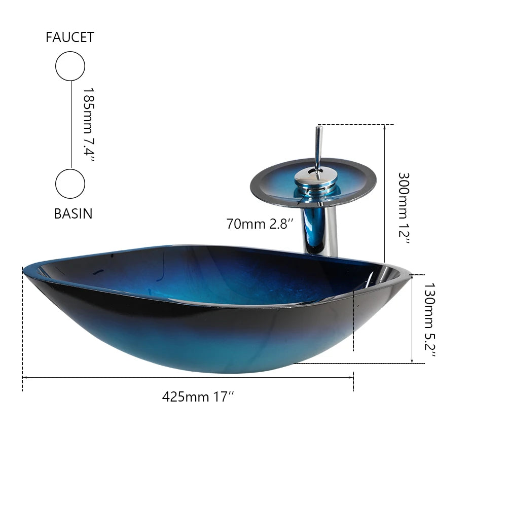 Zappo Tempered Glass Bathroom Vessel Sink Waterfall Black