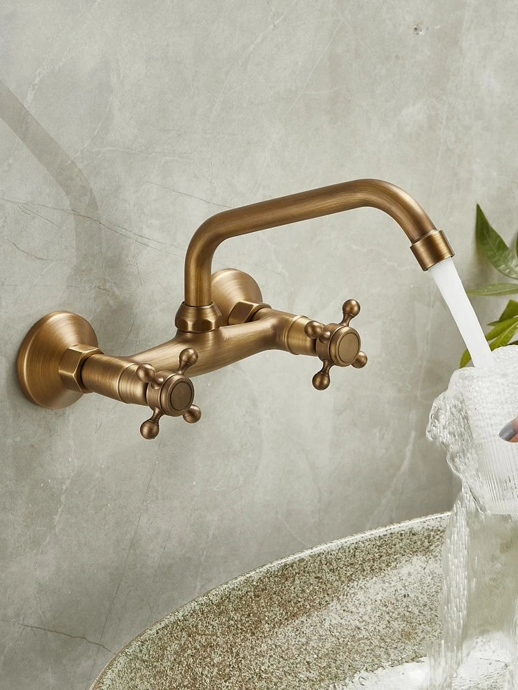Brass Antique Wall Mounted Washbasin Faucets Double Handle