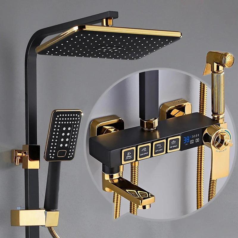 Luxury Thermostatic Bathroom Shower System White Gold Brass
