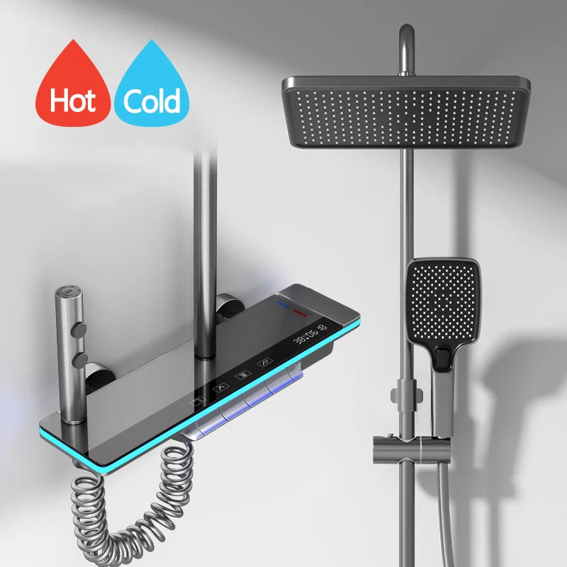 Bathroom Luxury Shower System Lights Tempered Glass Piano