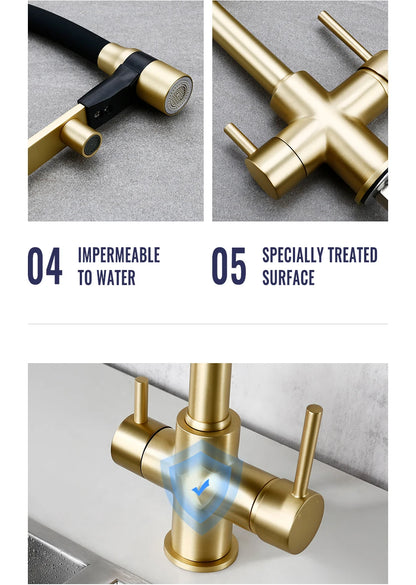Brushed Gold Faucet Filter 360 Swivel Pure Water