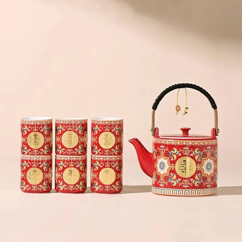 Double Happiness Enamel Wedding Tea Teacup Teapot Bridal