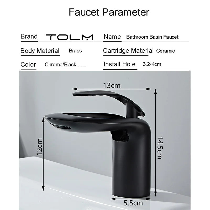 Tolm Waterfall Basin Faucet Water Tap Chrome Bathroom