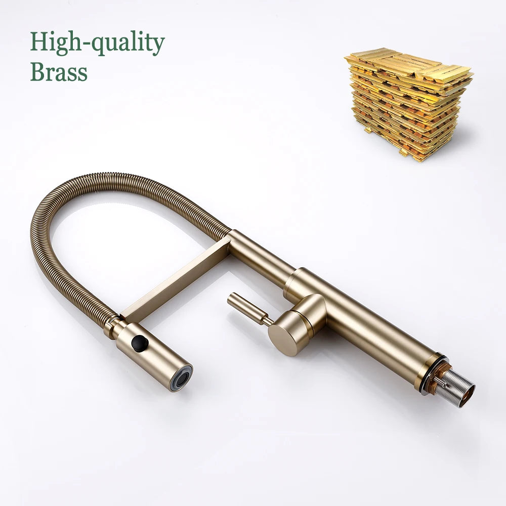 Brushed Gold Faucets Handle Pull Out Mixer Cold