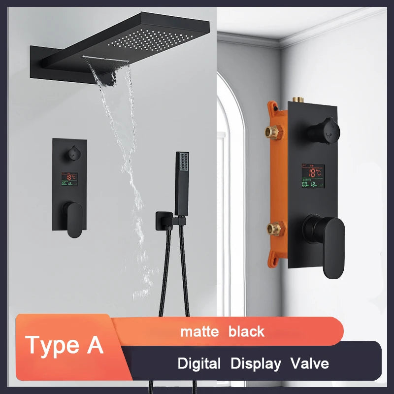 Black Bathroom Thermostatic Faucet Rainfall Waterfall Shower