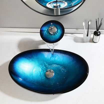 Kemaidi Oval Blue Bathroom Vessel Sinks Faucet Vessel