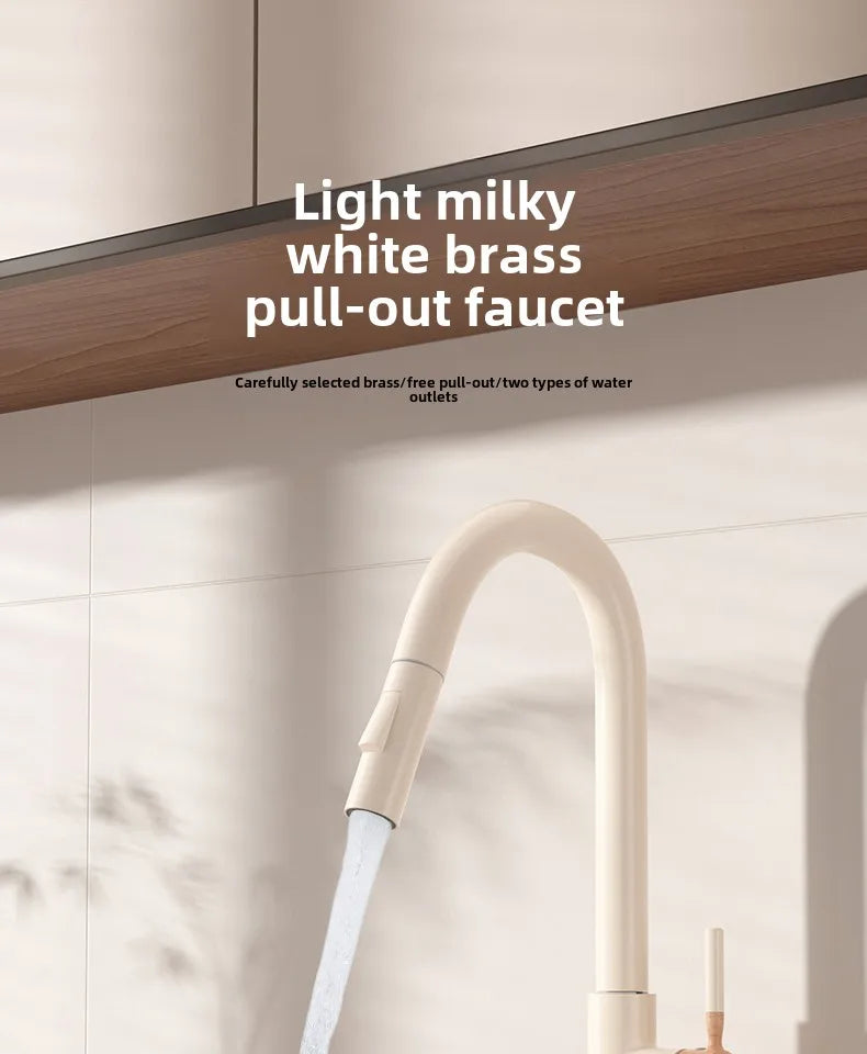 Wooden Cream Pull-Out Cold All Copper Faucet Retractable