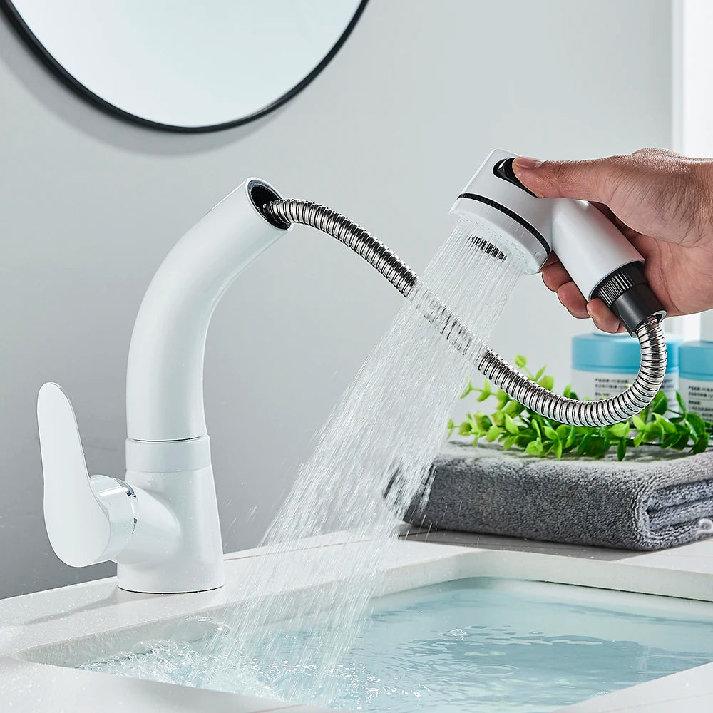 Bathroom Sink Faucet Pull Out Sprayer Deck Mounted