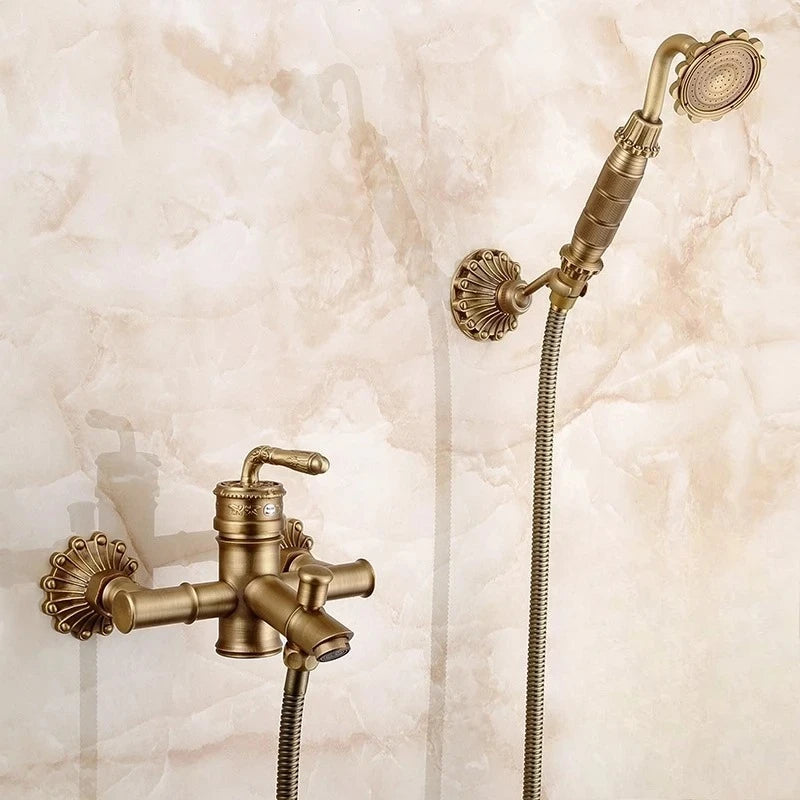 Antique Brass Bathtub Shower Faucets Wall Mounted Bath
