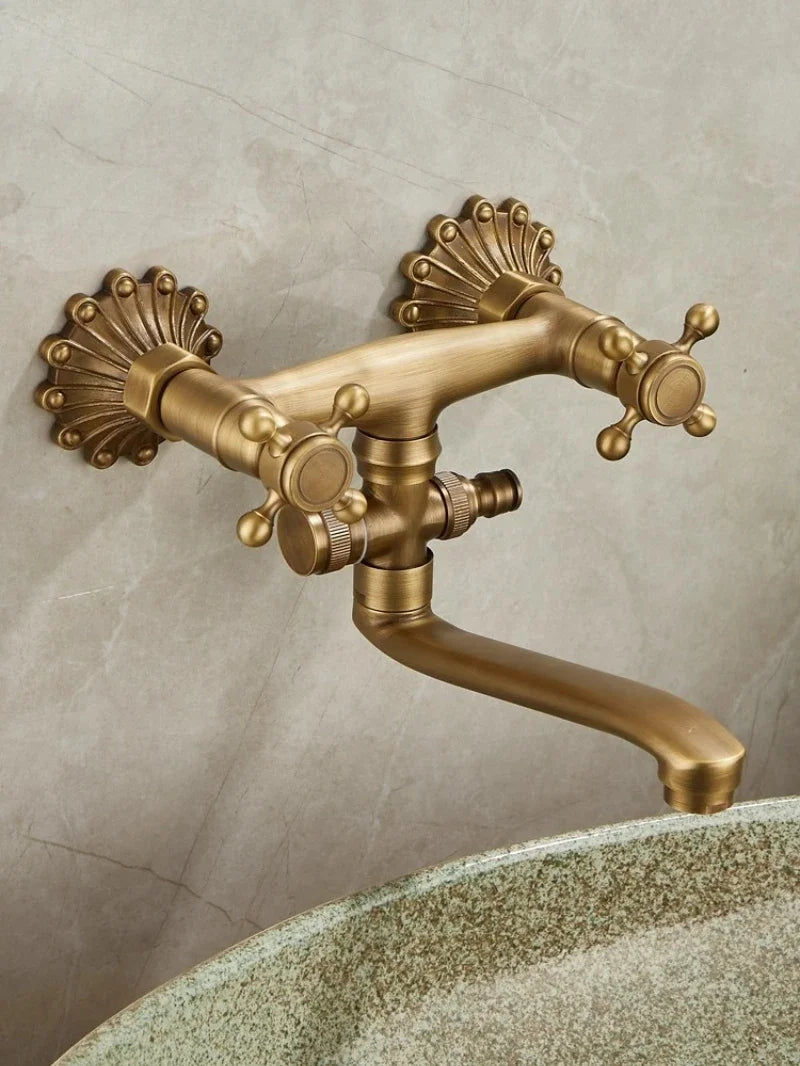 Brass Antique Wall Mounted Washbasin Faucets Double Handle