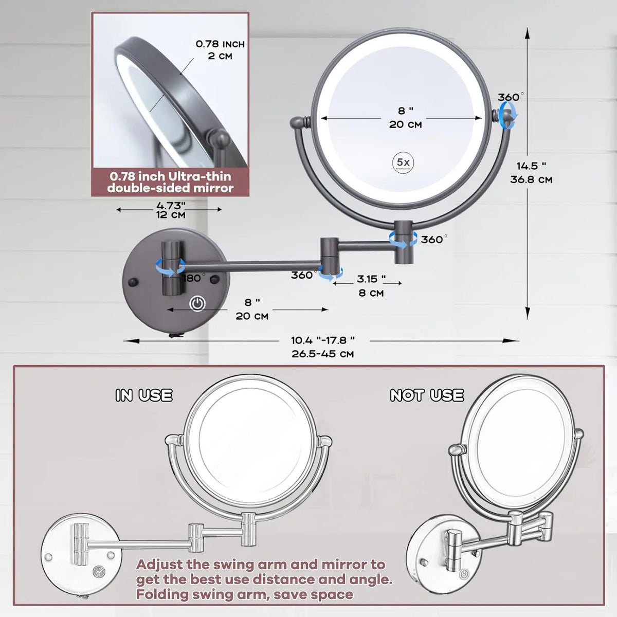 Rose Gold Touch On Led Folding Bathroom Mirror