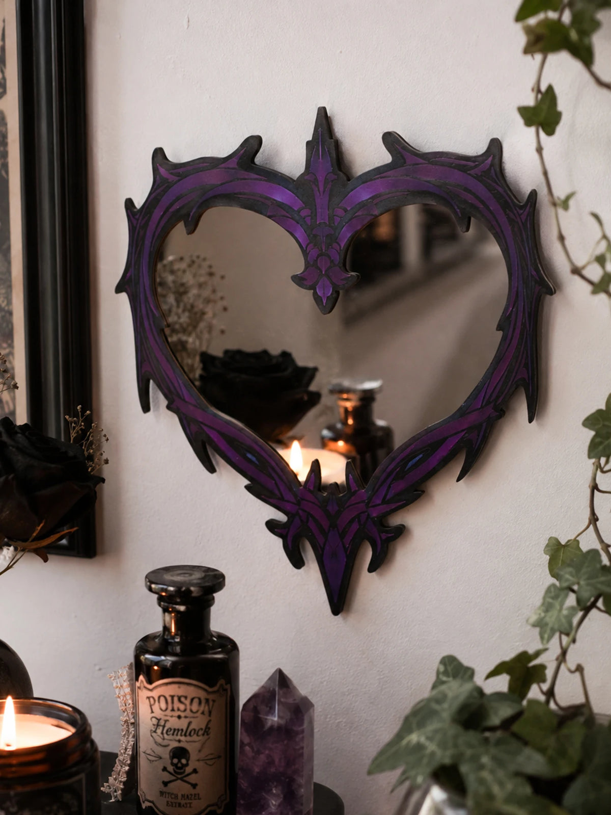 Purple Gothic Barbed Wire Heart Wall Mirror Witchy