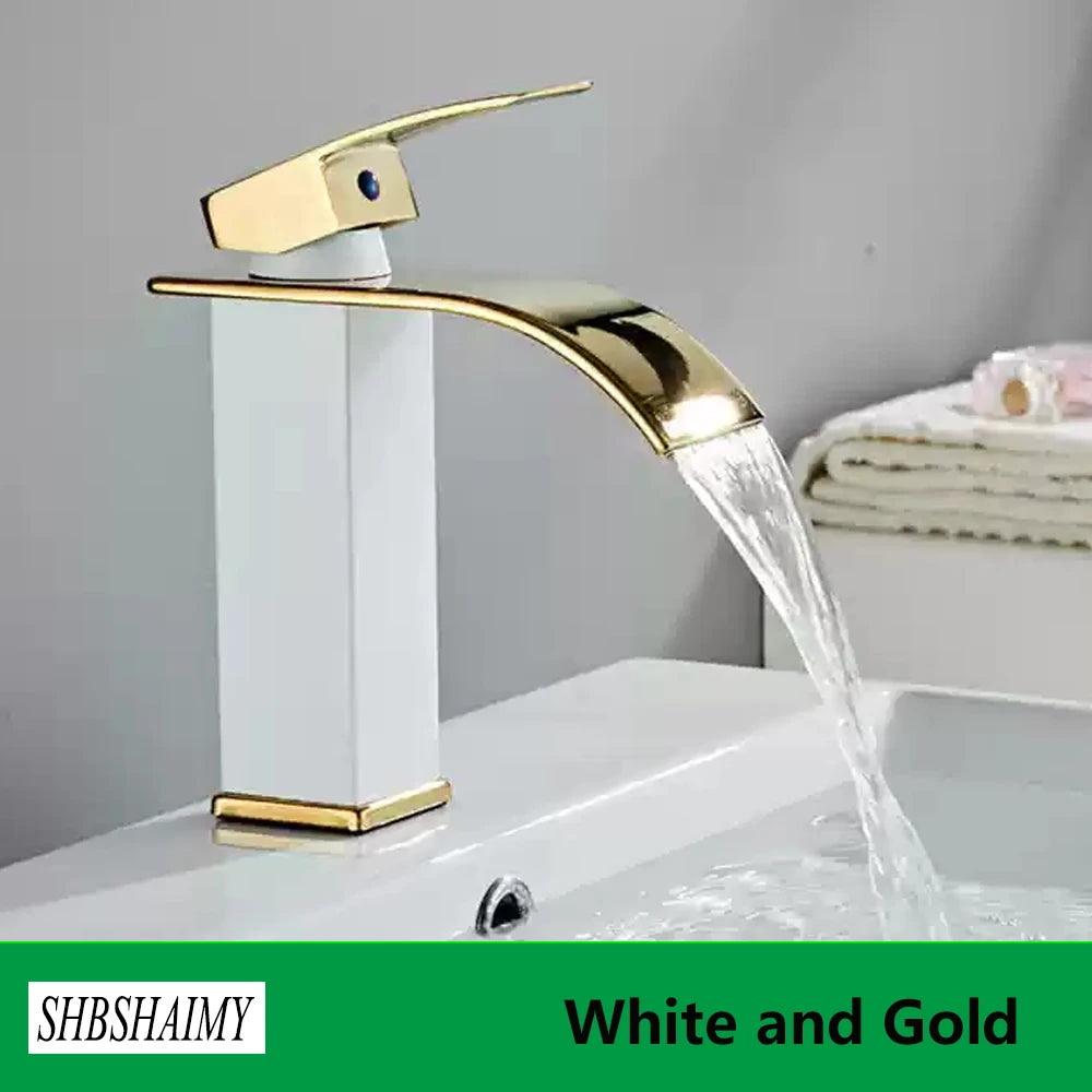 Brushed Gold Bathroom Basin Faucet Deck Mounted Waterfall