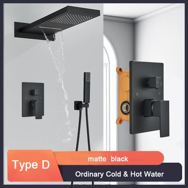 Black Bathroom Thermostatic Faucet Rainfall Waterfall Shower