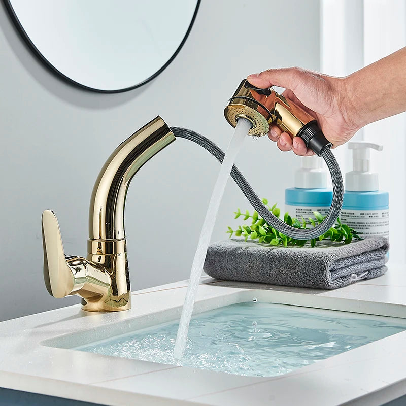 Bathroom Sink Faucet Pull Out Sprayer Deck Mounted