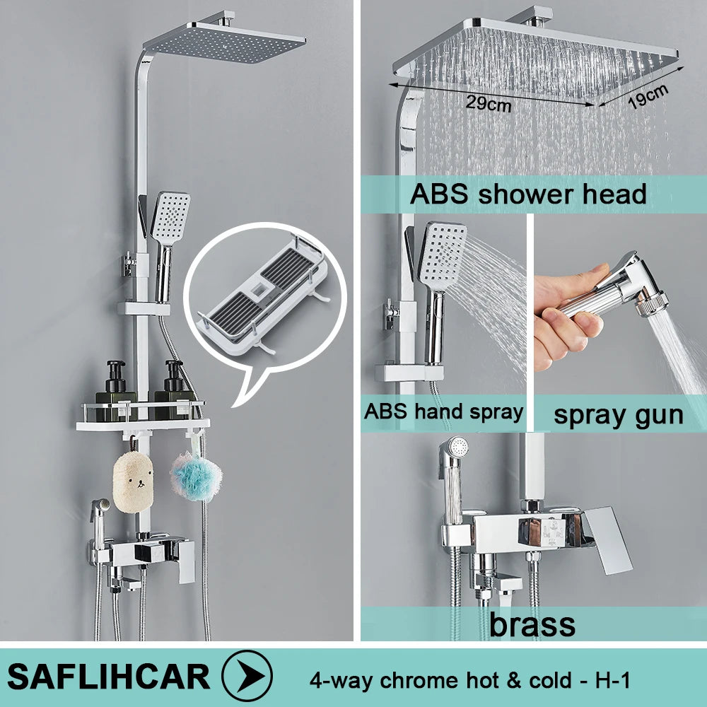 Black/Chrome Brass Shower Faucets Rainfall Shower Shelf Cold