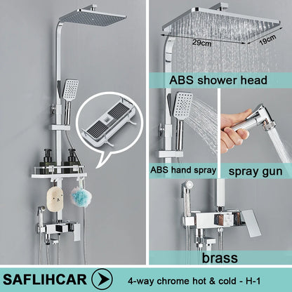 Black/Chrome Brass Shower Faucets Rainfall Shower Shelf Cold