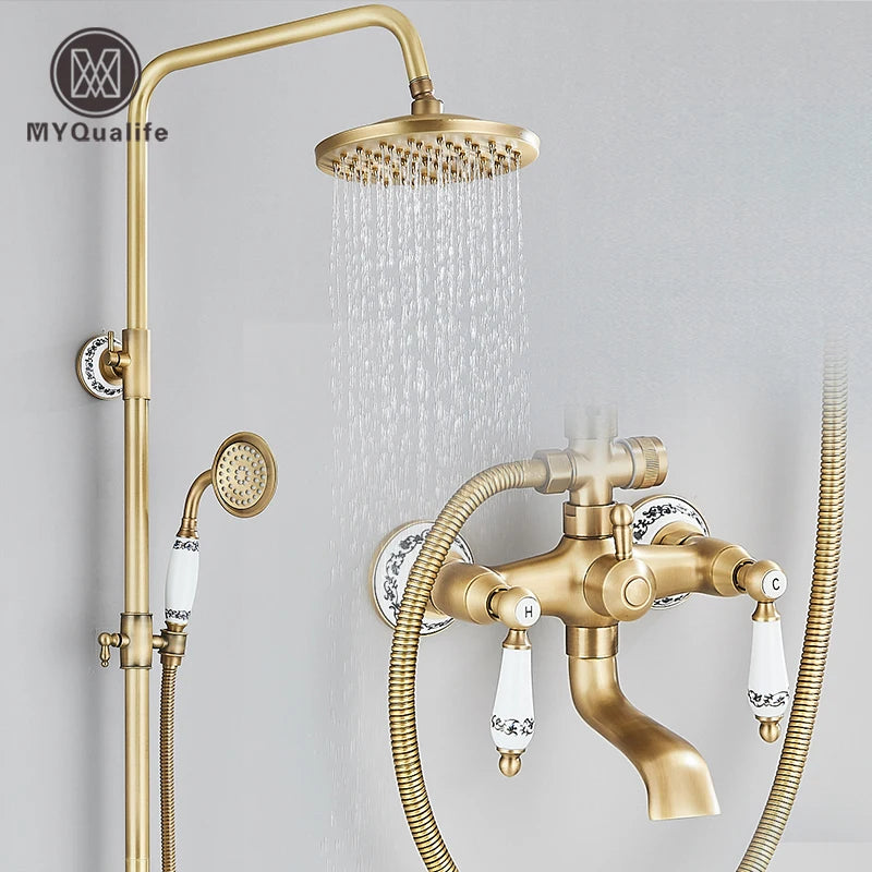 Antique Brass Shower Faucet Mixers Dual Handle Rainfall