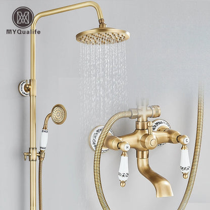 Antique Brass Shower Faucet Mixers Dual Handle Rainfall