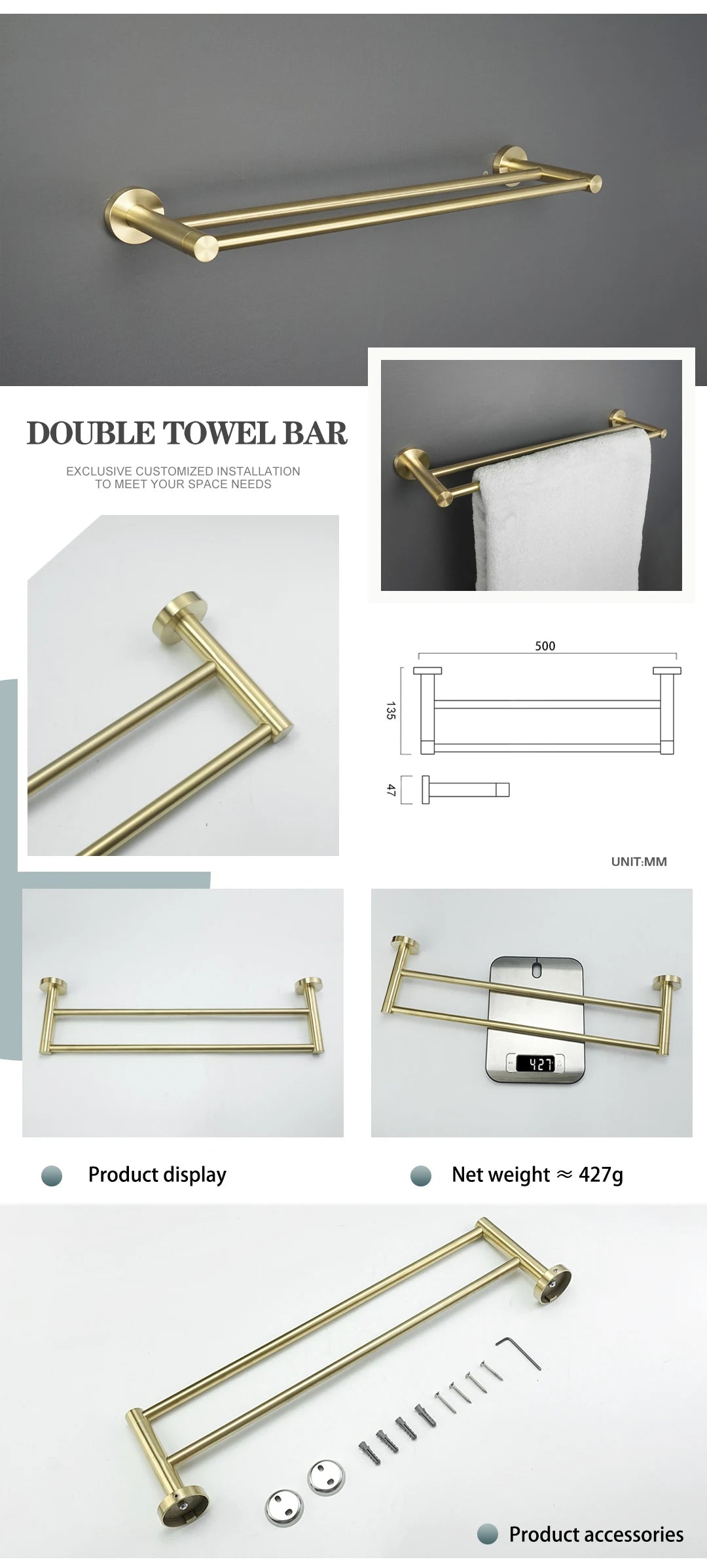 Brushed Gold Wall Mount Shelf Toilet Bath Hardware