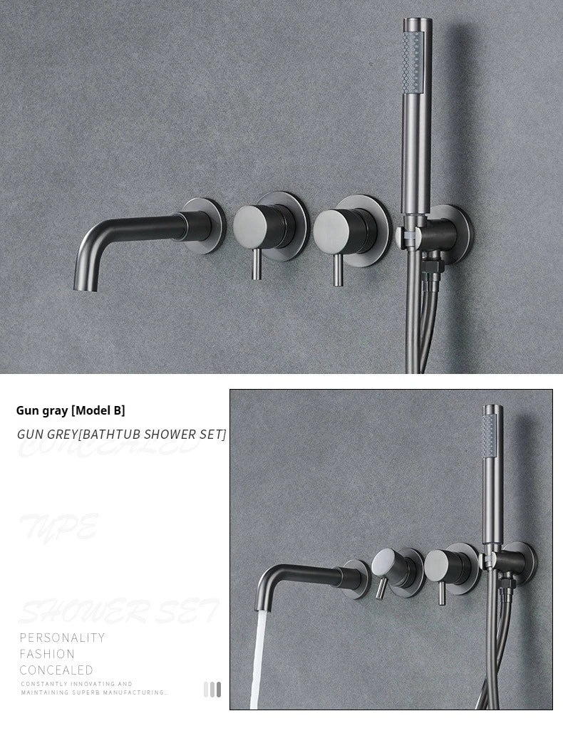 Brushed Gold Concealed Wall-Mounted Bathtub Faucet Gun Grey