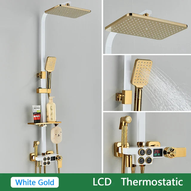 White Gold Thermostatic Shower System Quality Brass Cold