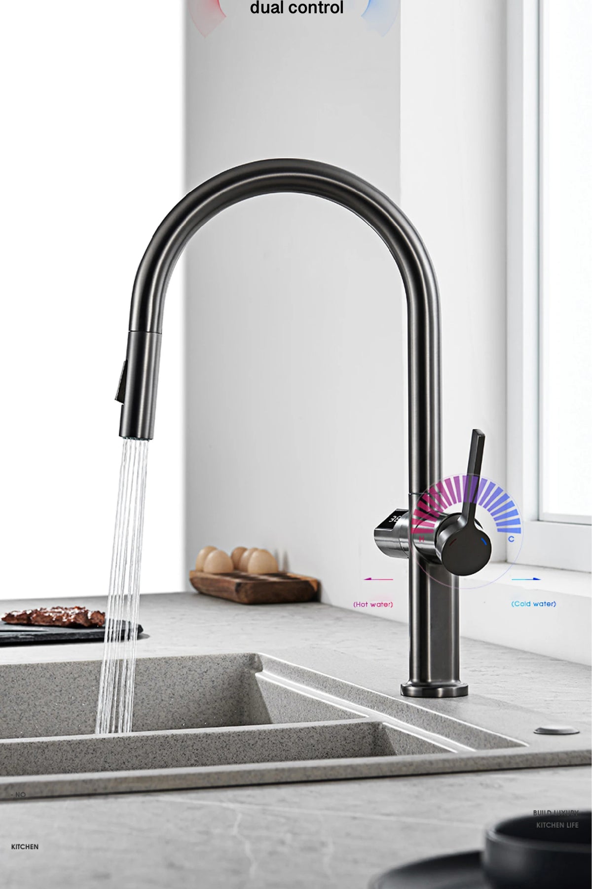 Light Luxury Gun Gray Brass Faucet Digital Display